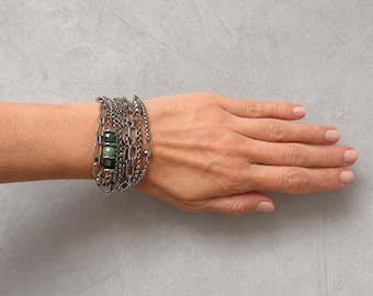 Indian Agate Wrap Bracelet Multi Layer Chain Green Gemstone Choker Jewelry Silver Surgical Steel