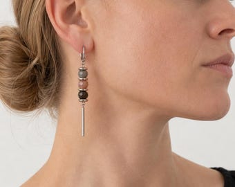 Dark Moonstone Earrings Long Drop Natural Grey Stone Dangle Jewelry Silver Surgical Steel