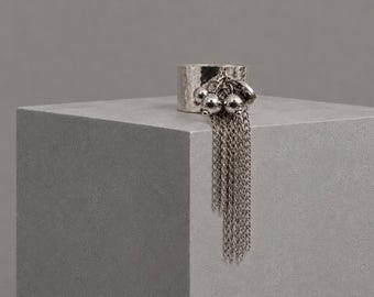 Hammered Chain Fringe Cuff Ring Adjustable Statement Avant Garde Tassel Gift for Her Silver Surgical Steel