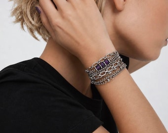 Amethyst Wrap Bracelet Multi-Layer Purple Gemstone Chain Jewelry Silver Surgical Steel