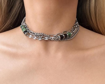 Indian Agate Choker Necklace Chain Choker Multi Layer Silver Surgical Steel Green Gemstone