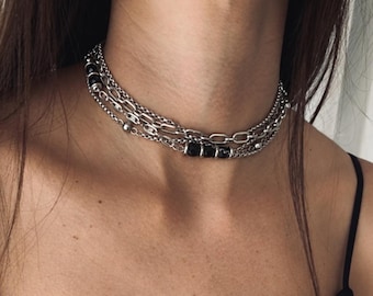 Black Tourmaline Choker Necklace Multi Layer Chain Black Gemstone Silver Surgical Steel