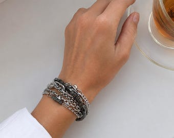 Silver Bracelet Multi-Layer Chain Black stone Dark Jewelry Surgical Steel