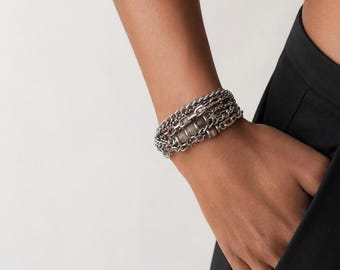 Dark Moonstone Wrap Bracelet Multi-Layer Silver Surgical Steel Chain Jewelry