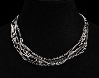 Multi-Layer Choker Necklace Chain Paperclip Jewelry Gemstone Black Hematite Silver Surgical Steel
