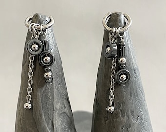 Mismatched Hematite Earrings Surgical Steel Hoop Earrings