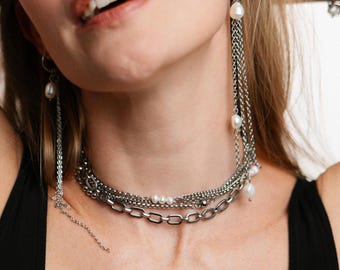 Srebrny naszyjnik z perłami, efektowny choker
