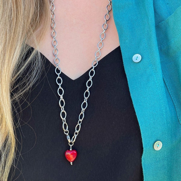 Collier coeur rouge, bijoux faits main, pendentif en forme de coeur, cadeau petite amie, collier délicat en acier chirurgical