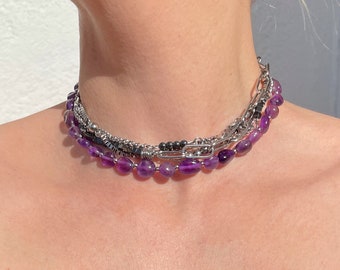 Layered necklace set amethyst with hematite  Necklace grunge choker set Grunge necklace Necklace amethyst