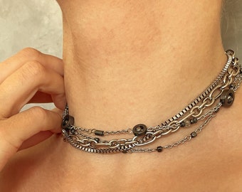 Grunge choker Layered necklace set Surgical steel with hematite Necklace set Grunge necklace y2k necklace Alternative necklace