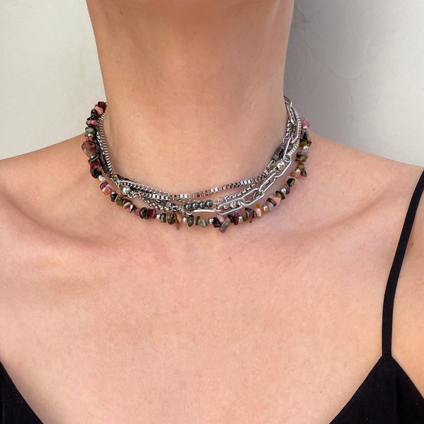 Layered necklace set Tourmaline necklace with hematite Maine tourmaline Tourmaline choker grunge choker set Grunge necklace