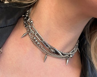 Layered Punk Choker spiked Collar Necklace Grunge style Surgical Steel