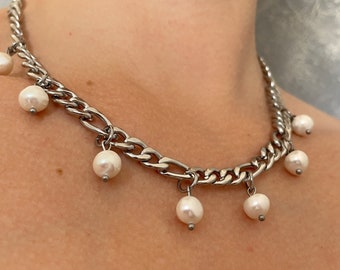 Pearl chain necklace, Alternative necklace, Mens pearl necklace, Trendy pearl, iced out chain Freshwater Pearl Necklace