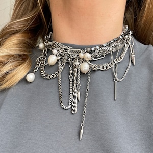 Grunge Layered Necklace: Stainless Steel Hematite & Pearl Choker