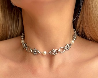Pearl Chainmail Choker Chain Necklace Silver Surgical Steel