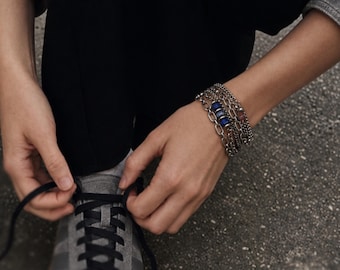Lapis Lazuli Bracelet Wrap Multi Layer Chain Blue Gemstone Silver Surgical Steel
