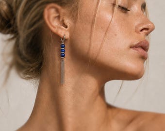 Lapis Lazuli Earrings Dangle Natural Blue Stone Tassel Earrings Gift for Her Silver Surgical Steel