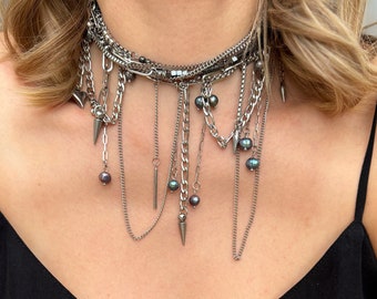 Layered Necklace Grunge Black Pearl Choker