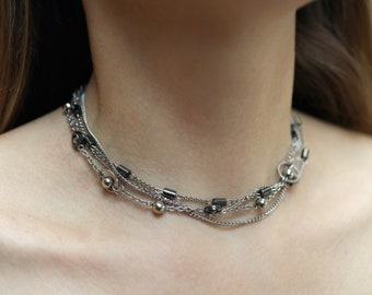 Surgical steel Layered necklace set with hematite Necklace grunge choker set Grunge necklace Alternative necklace