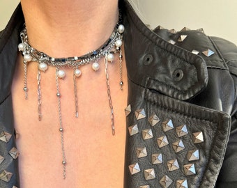 Pearl choker Dramatic necklace Grunge choker Grunge necklace set with hematite necklace Surgical steel Punk necklace Girlfriend gift
