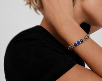 Lapis Lazuli Chain Bracelet Natural Blue Stone Silver Surgical Steel Gift for Her Her