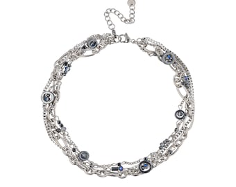 Choker Necklace Layered Chain Silver Surgical Steel Black Hematite Jewelry