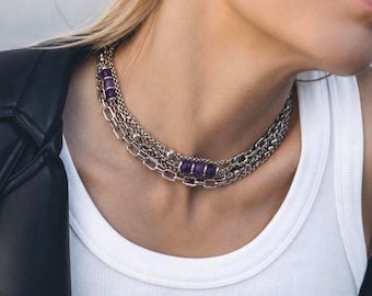 Amethyst Choker Necklace Layered Chain Purple Gemstone Collar Silver Surgical Steel