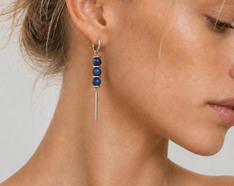 Lapis Lazuli Drop Earrings Long Dangle Natural Blue Stone Minimalist Jewelry Silver Surgical Steel