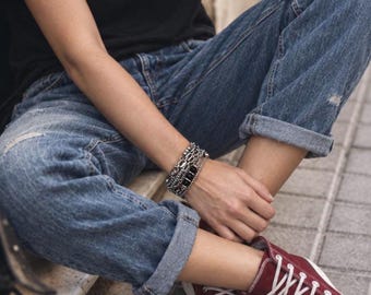 Black Tourmaline Bracelet Chunky Multi Chain Cuff Gemstone Silver Surgical steel
