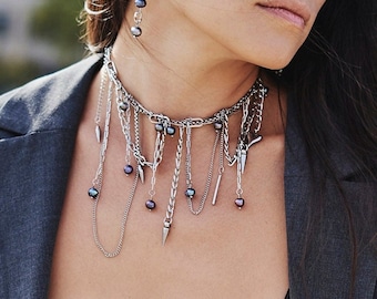 Black Pearl Choker Necklace Layered Silver Chain Choker Surgical Steel Gothic Jewelry