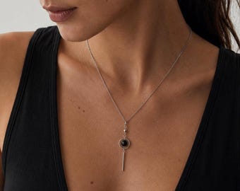 Shungite Pendant Chain Necklace Silver Surgical Steel Natural Black Stone Bar Drop Gift for Her