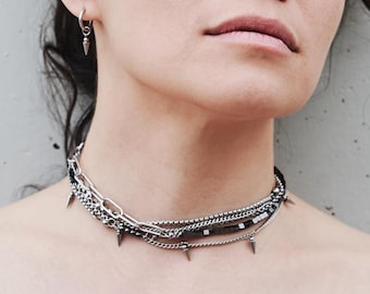Gotycki, warstwowy naszyjnik, alternatywny, dramatyczny choker, punk, grunge, stal chirurgiczna, hematyt