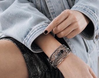 Chunky Multi Layer Chain Bracelet  Wrap Tourmalinated Quartz Black Tourmaline Jewelry Silver Surgical Steel