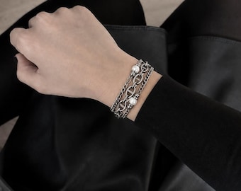 Pearl Chain Bracelet Multi-Layer Wrap Modern Statement Jewelry Silver Surgical Steel