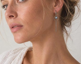 Labradorite Bar Hoop Earrings Grey Blue Stone Drop Natural Gemstone Dangle Silver Surgical Steel
