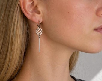 Panot Earrings Barcelona Flower Symbol Dangle Huggie Hoops Silver Surgical Steel