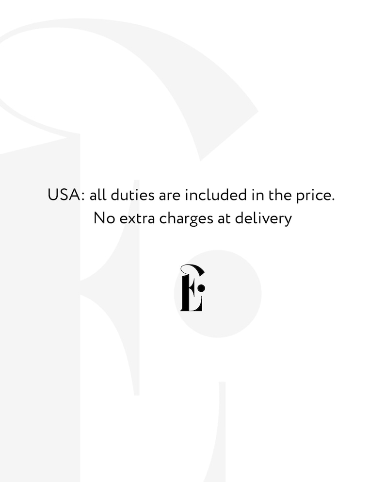 Puede incluir: Un gr&aacute;fico blanco que presenta un logotipo de la letra E negra estilizada sobre el texto: USA: all duties are included in the price. No extra charges at delivery. El fondo es blanco liso con una marca de agua grande y gris claro de una letra E.