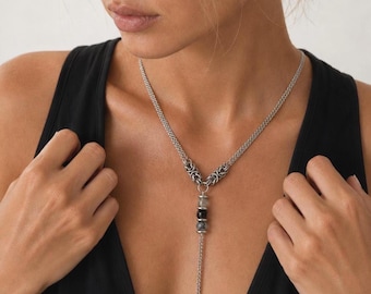 Tourmaline Lariat Chain Necklace Long Pendant Natural Stone Tourmalinated Quartz Silver Surgical Steel Gift for Her Him