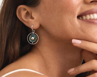 Abalone Shell Hoop Earrings Round Drop Iridescent Green Mother of Pearl Jewelry Silver Surgical Steel