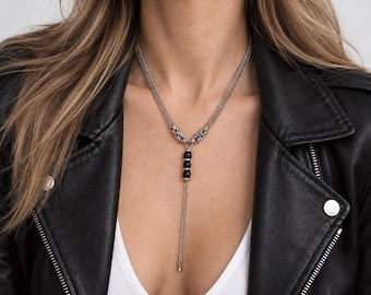 Black Tourmaline Necklace Chainmail Chain Lariat Silver Gemstone Jewelry Surgical Steel