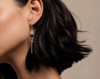 Tourmaline Dangle Earrings Tourmalinated Quartz Natural Stone Silver Surgical Steel