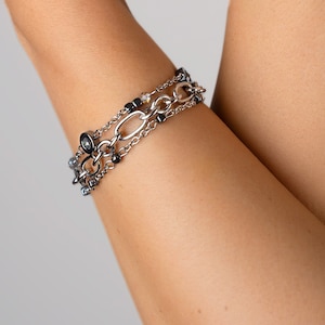 Adjustable beaded hematite bracelet, Unique grunge bracelet, Multilayer bracelet, Perle pierre semi precieuse