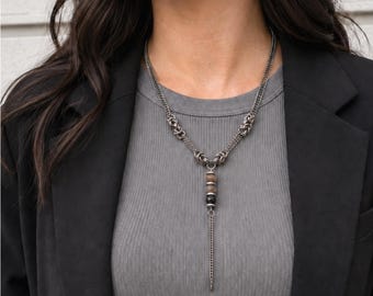 Dark Moonstone Chainmail Necklace Y Lariat Chain Smoky Grey Gemstone Drop Pendant Silver Surgical Steel