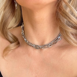 Chique gelaagde ketting Dikke zilveren choker Verstelbare choker ketting Choker met meerdere kettingen Coole grunge-ketting voor haar Grunge-sieraden voor hem