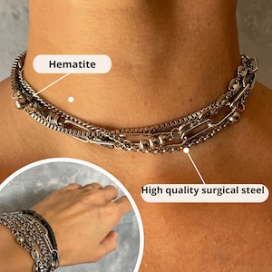 Leather bracelet Punk bracelet Grunge choker Layered necklace set Surgical steel Grunge necklace Alternative necklace Leather choker