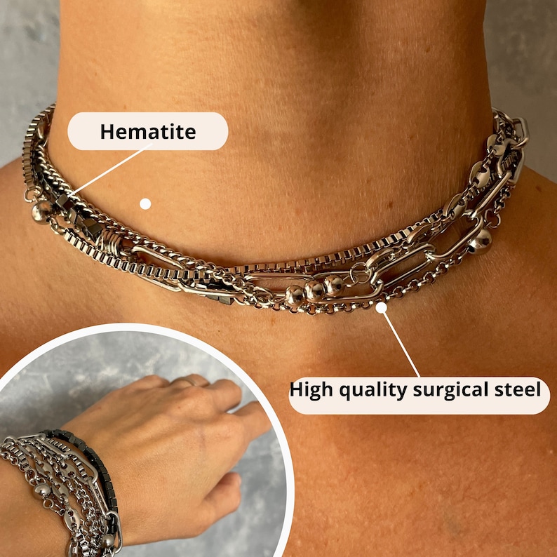 Leather bracelet Punk bracelet Grunge choker Layered necklace set Surgical steel Grunge necklace Alternative necklace Leather choker