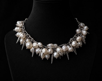 Pearl Spike Choker Necklace Wedding Bridal Punk Bride Jewelry Alternative Gift Women Silver Surgical steel