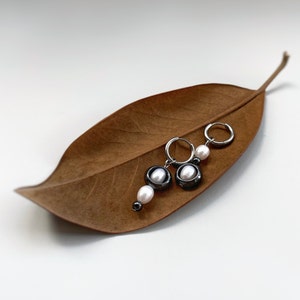 Asymmetric mismatched black tiny pearl surgical steel freshwater irregular grunge earrings