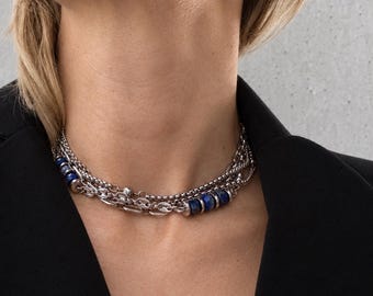 Lapis Lazuli Choker Necklace Multi Layer Chain Collar Blue Gemstone Silver Surgical Steel