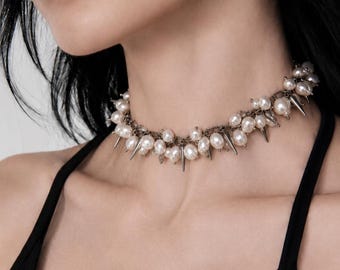 Gothic Pearl Necklace Spike Punk Bridal Choker Gift for Her Women Surgical Steel